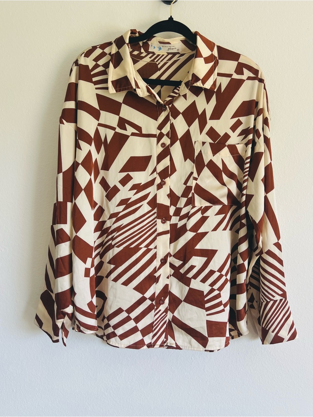 Her Entire Name Says Grace Geometric Print Button-Up Shirt in Cream & Brown